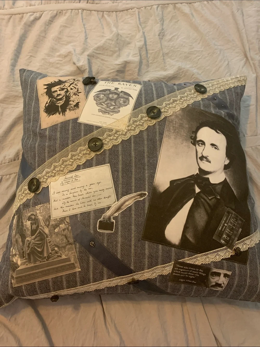 Decorative Edgar Allan Poe Striped Accent Pillow with Lace & Buttons